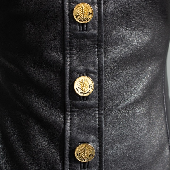 Chanel Vintage S/S 1987 Black Lambskin Leather Lace Gold Wheat Mini Dress - Picture 9 of 16